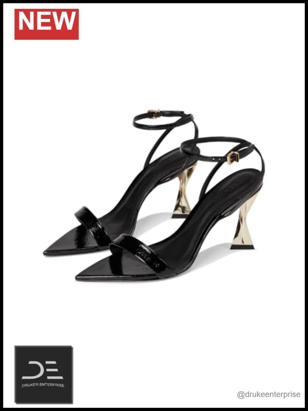 Patent Leather Heeled Sandals with Sculptural High Heel and Ankle Buckle
